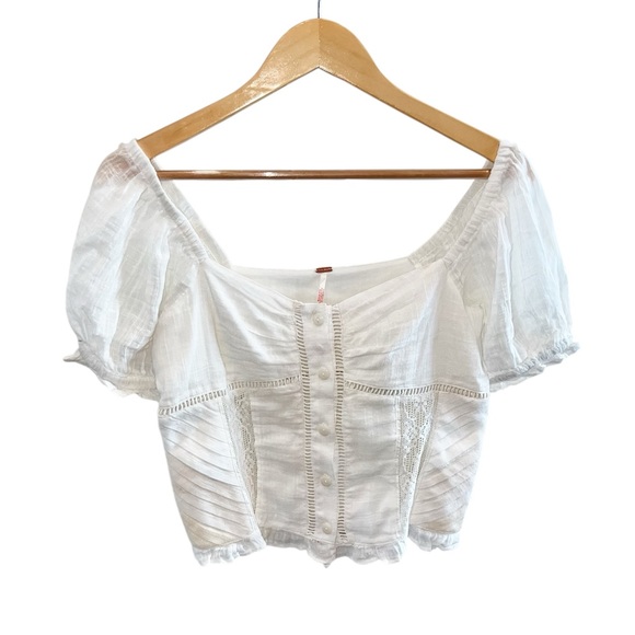 Free People Bali Alana Lace Button Down Crop Top Ivory - Picture 4 of 5